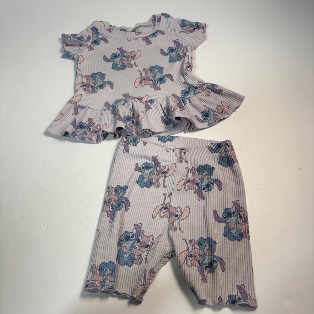 Disney Baby Stitch and Angel Lavender Ribbed Peplum Top and Shorts Set 24M